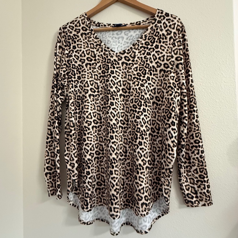 Apt 9 Womens Leopard Print V-Neck Long Sleeve Tunic Top High Low Hem Brown Large